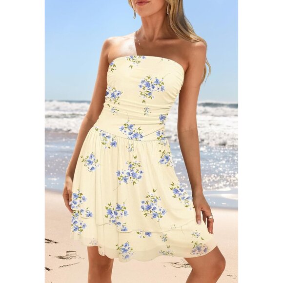 Women’s Summer Floral Strapless Tube Dress Boho Mini Ruffle Tiered - Picture 6 of 6
